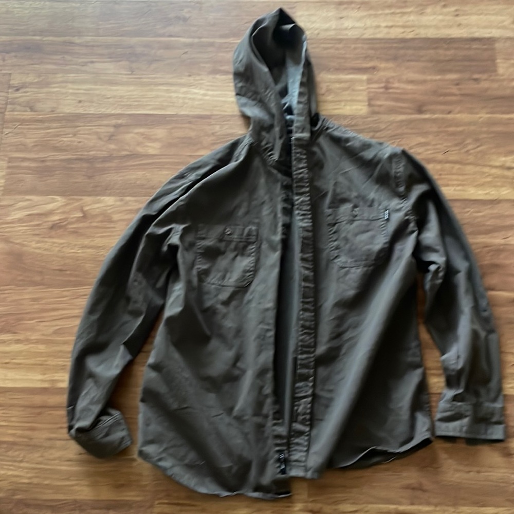 Dark gray button-down hooded shirt in medium